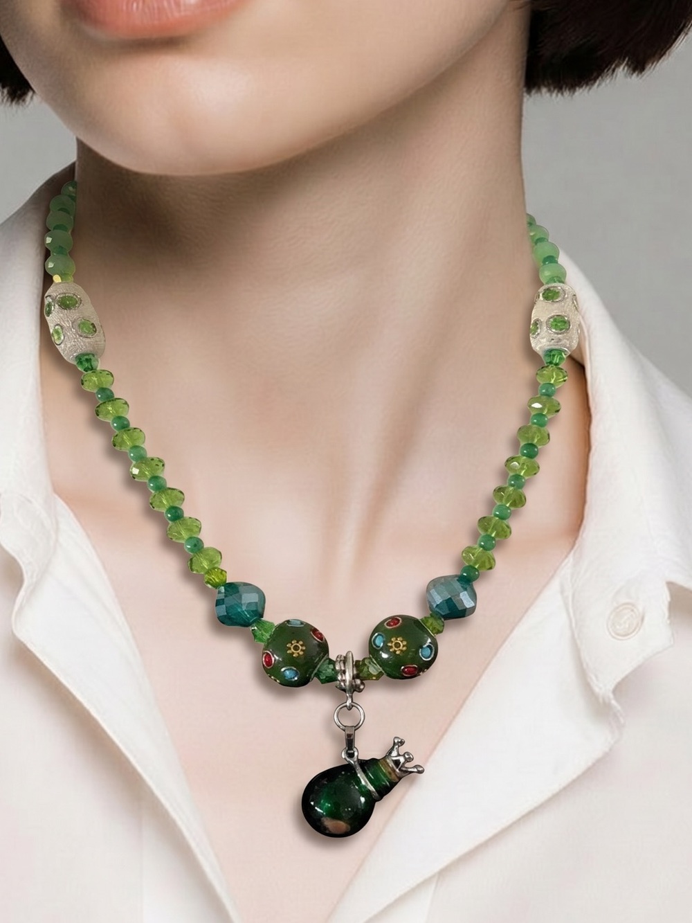 Handmade beaded crystal one of a kind artesian ‎ boho necklace bottle pendant